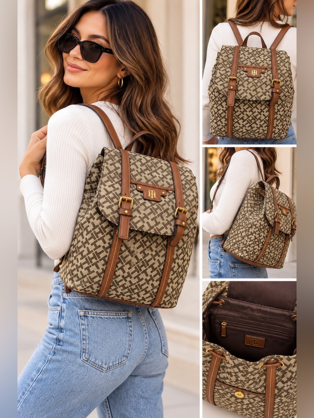 Tommy Hilfiger Monogram Jacquard Backpack Brown Tan Logo Handbag Purse